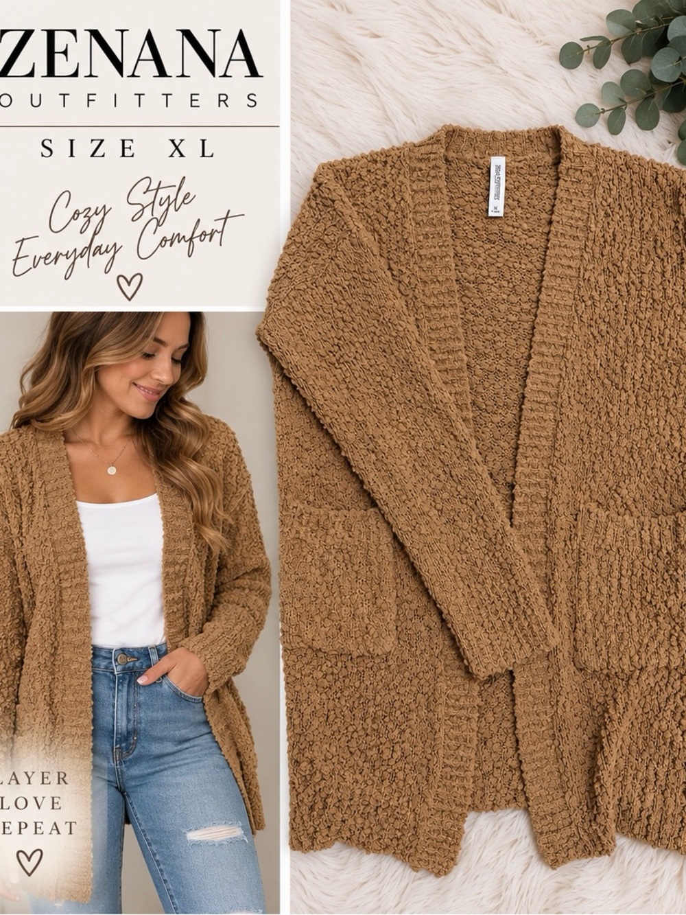 Zenana Outfitters Chunky Open-Front Cardigan Sweater - Camel Brown